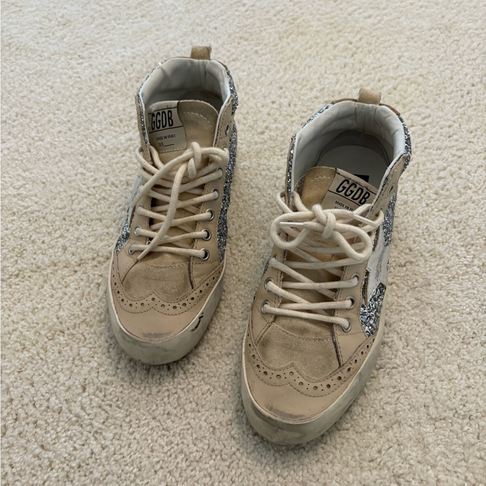 Womens Tan and Silver High-Top Sneakers